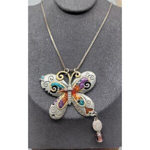 Sterling Silver Butterfly Pendant Necklace Enamel Inlaid 15" 925 Choker Chain
